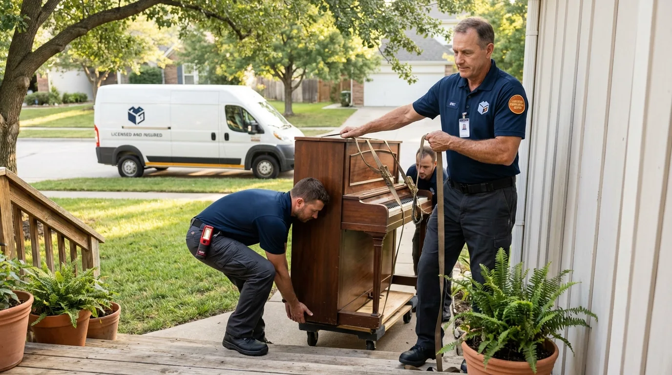 Licensed piano movers securing grand piano in Chenoa, IL