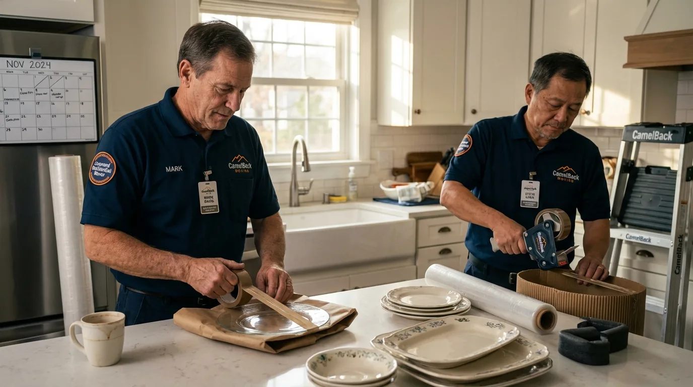 Professional crew packing kitchen dishware in Chenoa, IL
